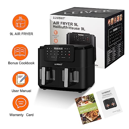 LLIVEKITDigital Dual Zone Oil Free Air Fryer 9L Large for Family with 2  Drawers, Cookbook, 10 Presets, Match Cook & Smart Finish, Low Fat Air Fryer  Oven, 2400W, Black – PerfectSlicce